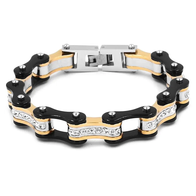 Wholesale Bling Crystal Motorcycle Bracelet Stainless Steel Jewelry Gold Black Bicycle Chain Motor Biker Men Bracelet SJB0316
Wholesale Bling Crystal Motorcycle Bracelet Stainless Steel Jewelry Gold Black Bicycle Chain Motor Biker Men Bracelet SJB0316