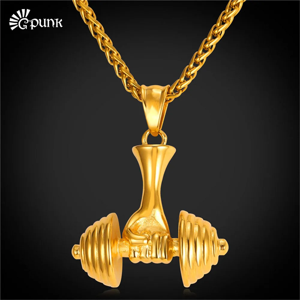 Men's Gold color Barbell pendant necklace men jewelry gift fitness Dumbbell necklace with stainless steel chain black collar P3
Men's Gold color Barbell pendant necklace men jewelry gift fitness Dumbbell necklace with stainless steel chain black collar P3