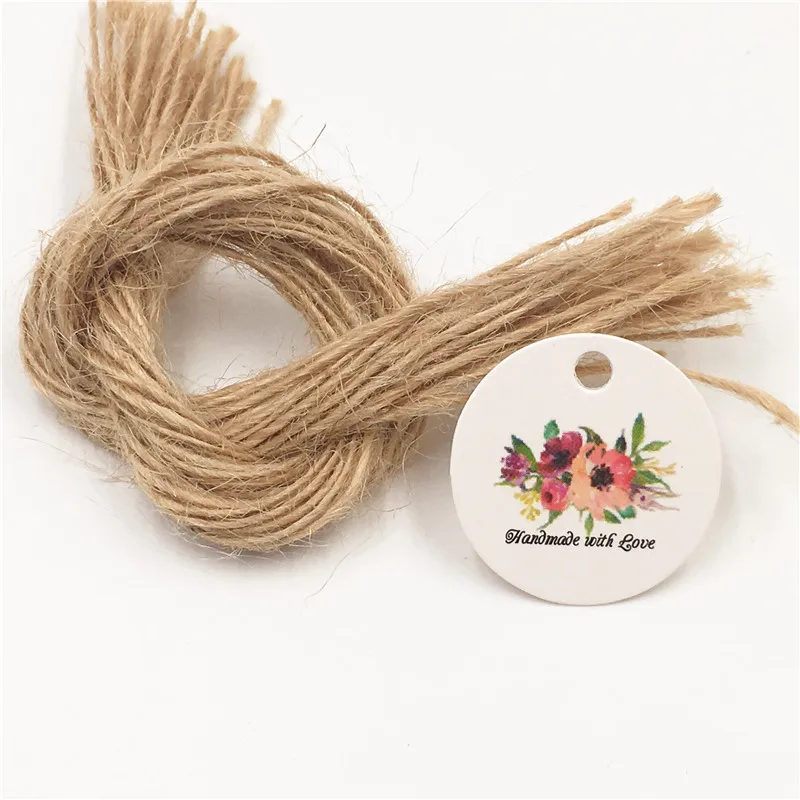

300Pcs/Lot DIY Two Color Flower Love Heart Pattern Round Kraft Paper Hanging Tags Price Note Label Garment Tag With Hemp Strings