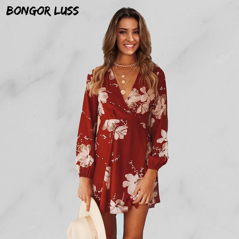 BONGOR LUSS женские Платья повседневные осенние Boho Цветочный принт богемный платье