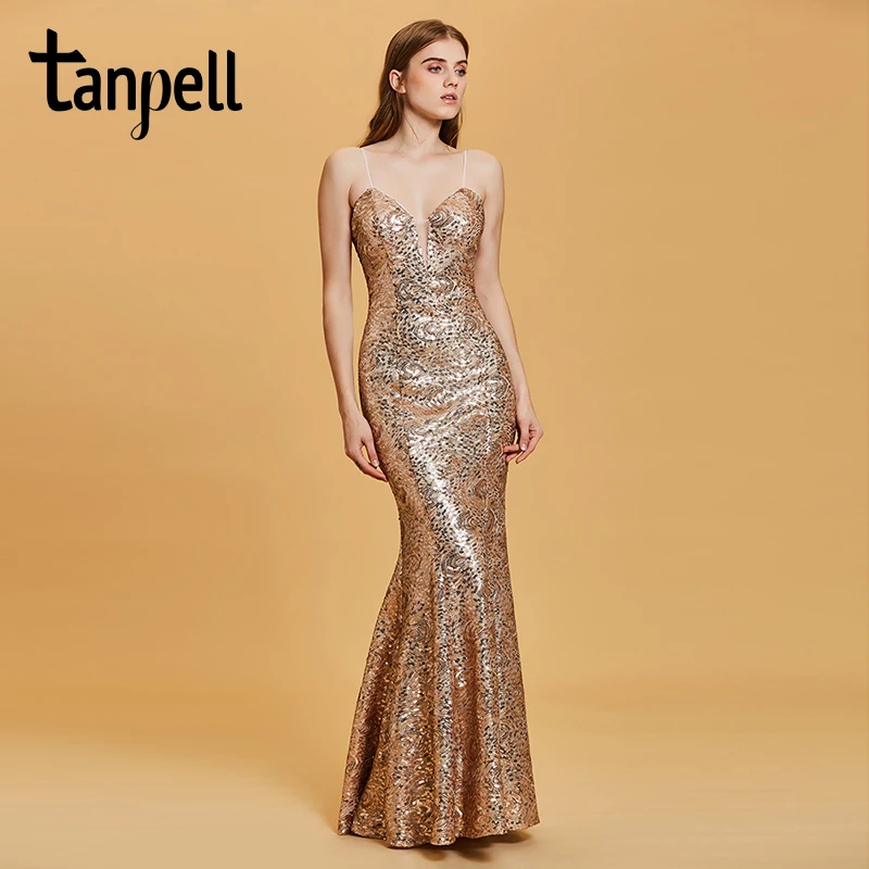 Tanpell backless evening dress golden spaghetti straps sleeveless floor length dresses women party mermaid formal evening gown
Tanpell backless evening dress golden spaghetti straps sleeveless floor length dresses women party mermaid formal evening gown