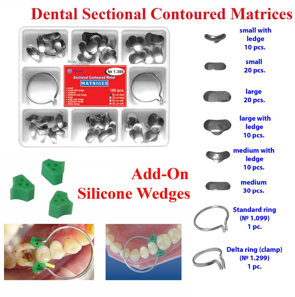 40Pcs Add-On Wedge+100Pcs/Set Dental Sectional Contoured Matrices Matrix Ring Delta
40Pcs Add-On Wedge+100Pcs/Set Dental Sectional Contoured Matrices Matrix Ring Delta