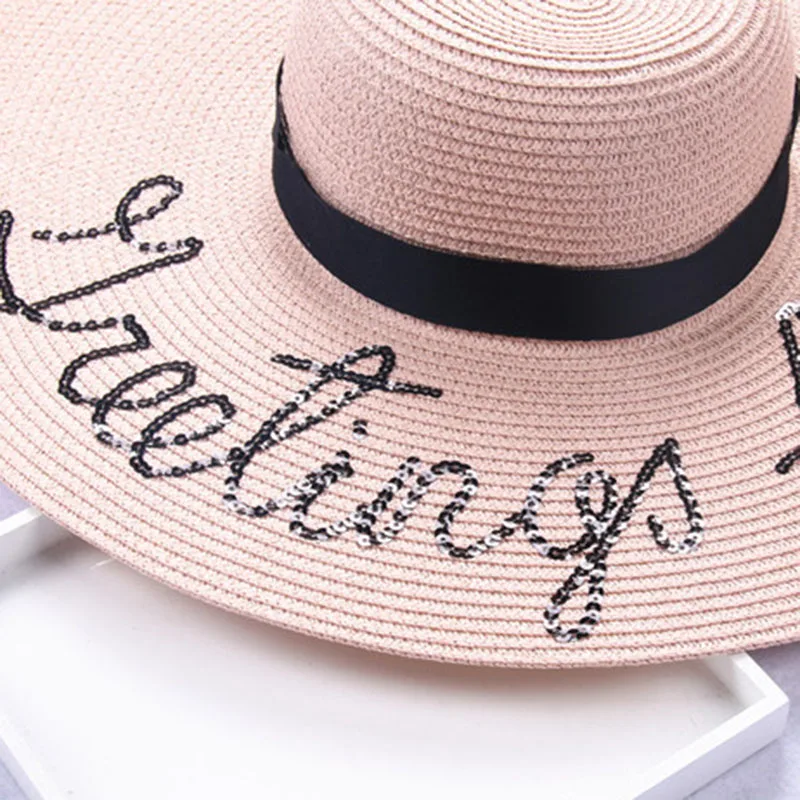 New Summer Women Girl Ladies tape Cap Big along hat Sun beach hat Flash embroidery lm47