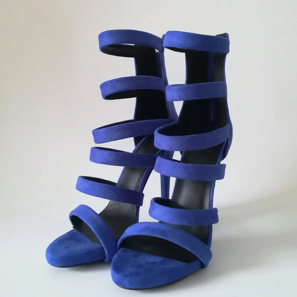 

Sandalia feminina sexy blue velvet high heels runway shoes summer gladiator ankle strap peep toe sandals luxury shoes woman