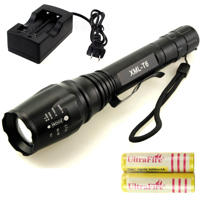 

5000 lumen led flashlight cree xml t6 5 mode zoomable tactical torch flashlight with clamp + 2 x 18650 battery + 1 * charger
