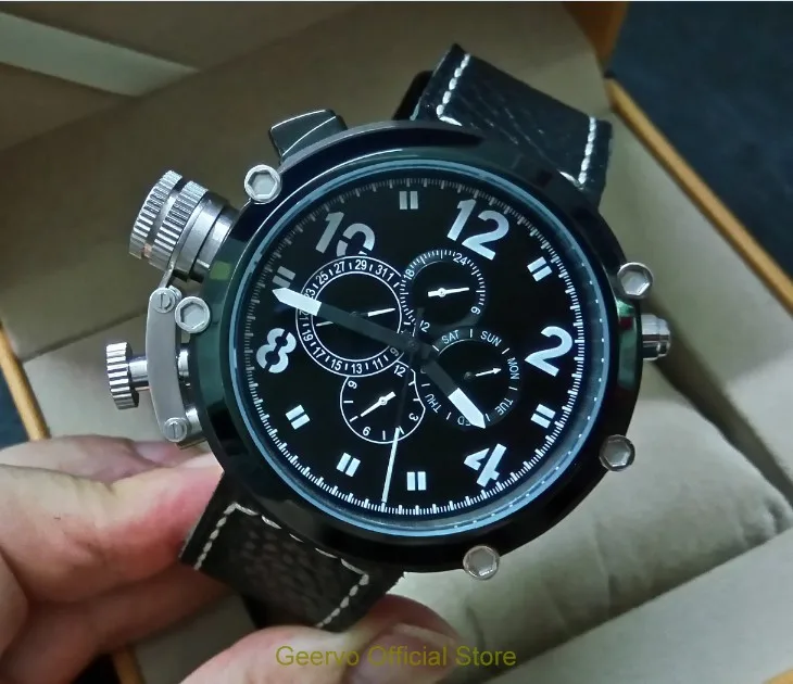 50mm GEERVO left hand crown black dial Automatic Self-Wind movement Auto Date Men's watch cow Leather strap PVD case 151A
50mm GEERVO left hand crown black dial Automatic Self-Wind movement Auto Date Men's watch cow Leather strap PVD case 151A
