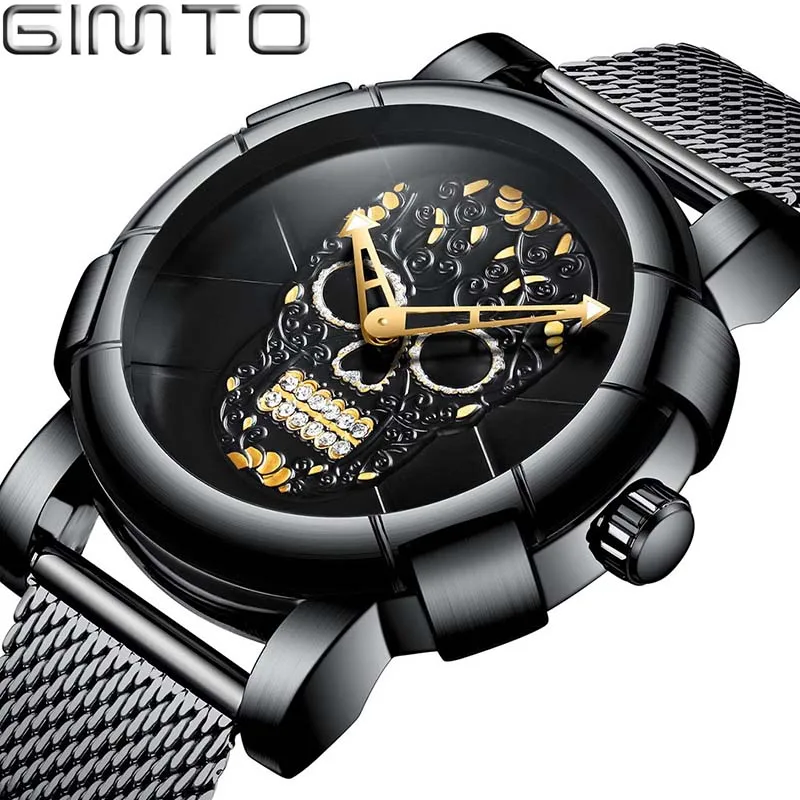 

GIMTO Unique Pirate Skeleton Skull Quartz Men Watches Luxury Waterproof Men Brand Watches Men Clock Relogio Masculino
