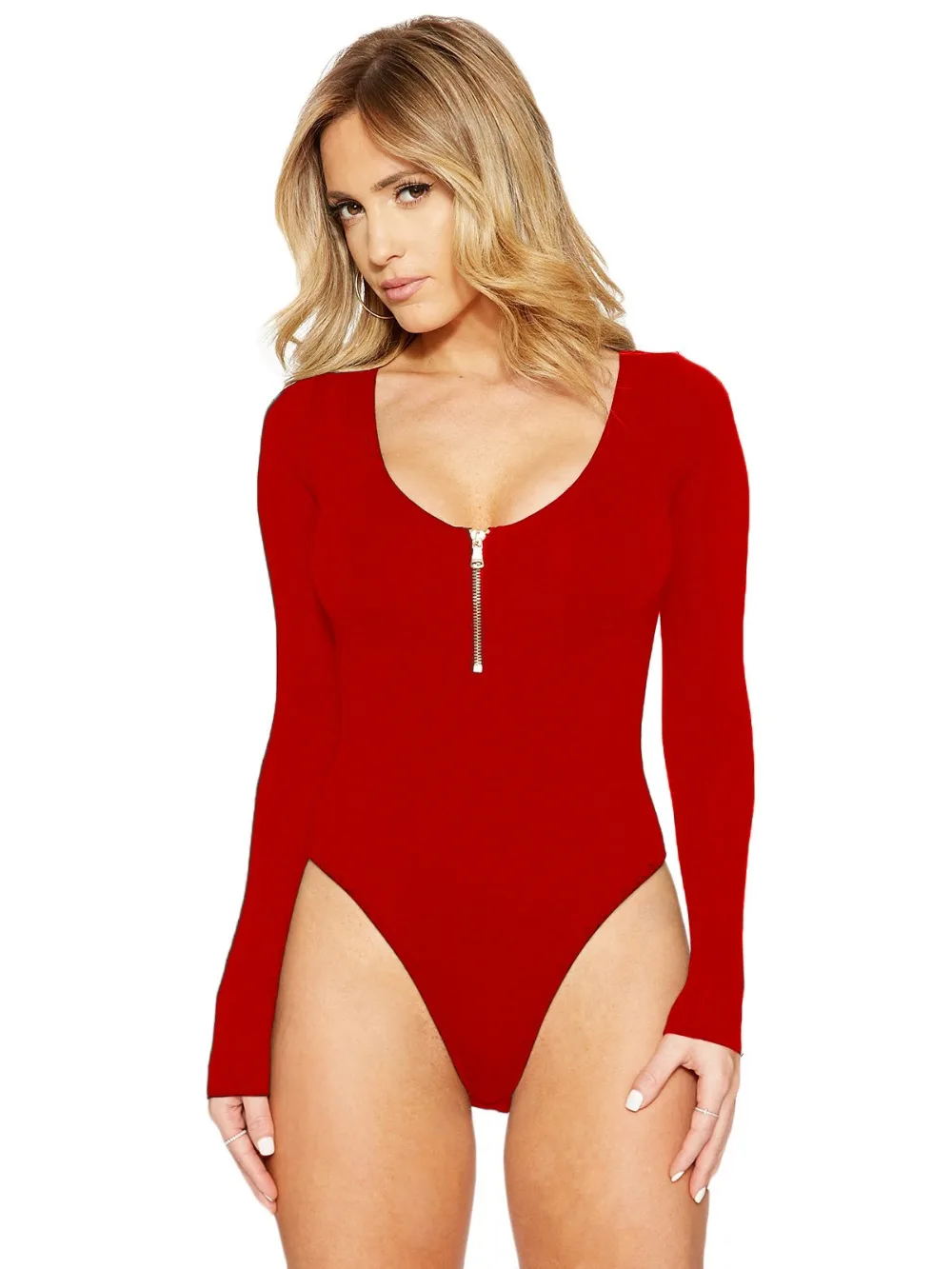 U Zip Neck Women Skinny Bodysuits Casual Women Rompers Sheath Full Sleeve Women Bodysuits