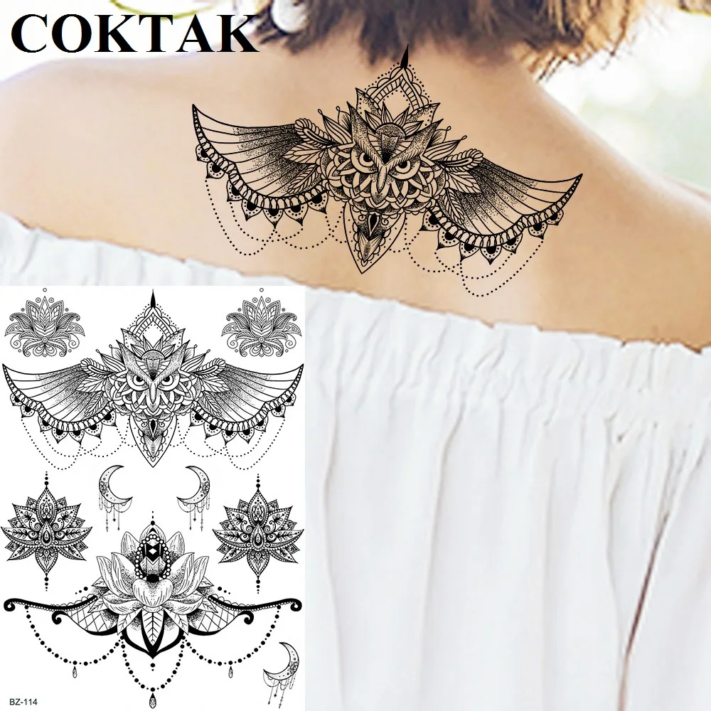 India Women Neck Owl Black Henna Lace Fake Tattoos Temporary Girls Custom Stickers Tatoos Kit Mandala Flower Waterproof Tattoo
India Women Neck Owl Black Henna Lace Fake Tattoos Temporary Girls Custom Stickers Tatoos Kit Mandala Flower Waterproof Tattoo