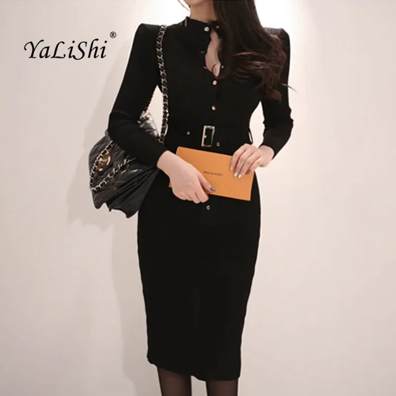 Solid Women Pencil Dress 2018 Autumn Black Long Sleeve Stand Knee-length Button Office Club Knitting Dress Work Dresses Elbise
Solid Women Pencil Dress 2018 Autumn Black Long Sleeve Stand Knee-length Button Office Club Knitting Dress Work Dresses Elbise