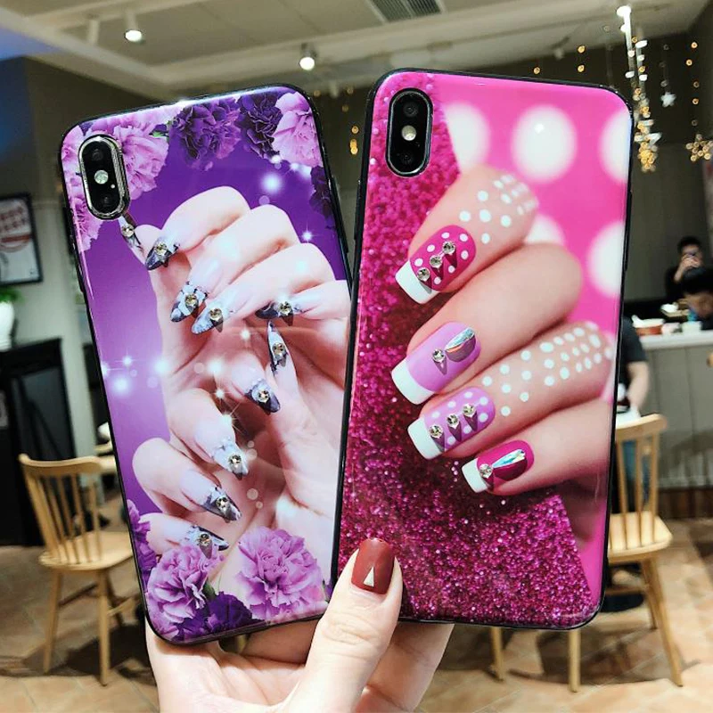 Алмазный блестящий чехол для телефона Coque iPhone 6 6s 7 8 Plus маникюра ногтей мягкий TPU X 10