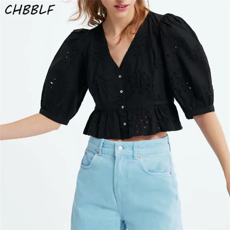 CHBBLF women retro V collar crop top puff sleeve female stylish embroidery black casual blouses CDC9214
CHBBLF women retro V collar crop top puff sleeve female stylish embroidery black casual blouses CDC9214