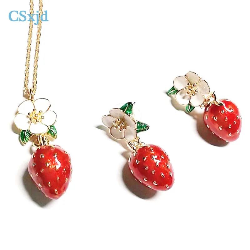 CSxjd Сладкая эмаль белый цветок красный клубника серьги|strawberry earrings|earrings earringred flower