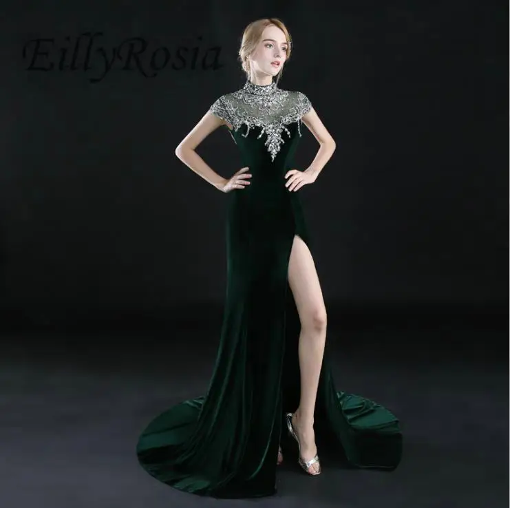 Mermaid Dark Green Evening Dresses High Neck Side Split Sexy Crystals Beading Sheer Neck Velvet Mother of the Bride Evening Gown
Mermaid Dark Green Evening Dresses High Neck Side Split Sexy Crystals Beading Sheer Neck Velvet Mother of the Bride Evening Gown