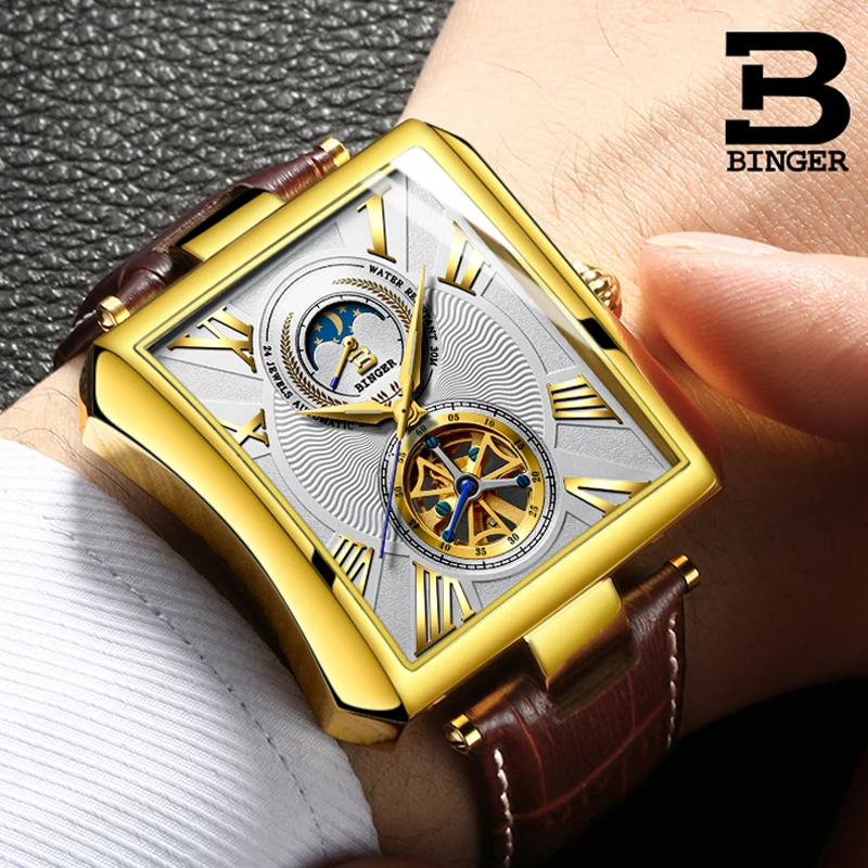 

BINGER Rectangle Automatic Mechanical Watches Gold Fashion Business Watch Men Tourbillon skeleton Clock Waterproof Wristwatches
