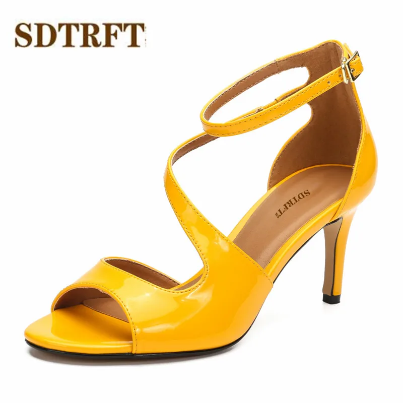 

SDTRFT Buckle Sandals zapatos mujer Patent Leather 8cm thin heels sexy Peep Toe Wedding Evening pumps women Casual Cosplay shoes
