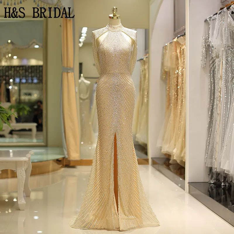 

Женское вечернее платье с разрезом H & S, белое платье с открытой спиной, расшитое бисером, для свадебных торжеств и выпускного вечера