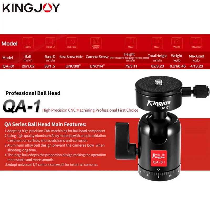 KINGJOY Official BD-1 QA-0/1 Tripod Ball Head Universal Mini Aluminum with plate 1/4 3/8 inch Screw For DSLR Camera
KINGJOY Official BD-1 QA-0/1 Tripod Ball Head Universal Mini Aluminum with plate 1/4 3/8 inch Screw For DSLR Camera