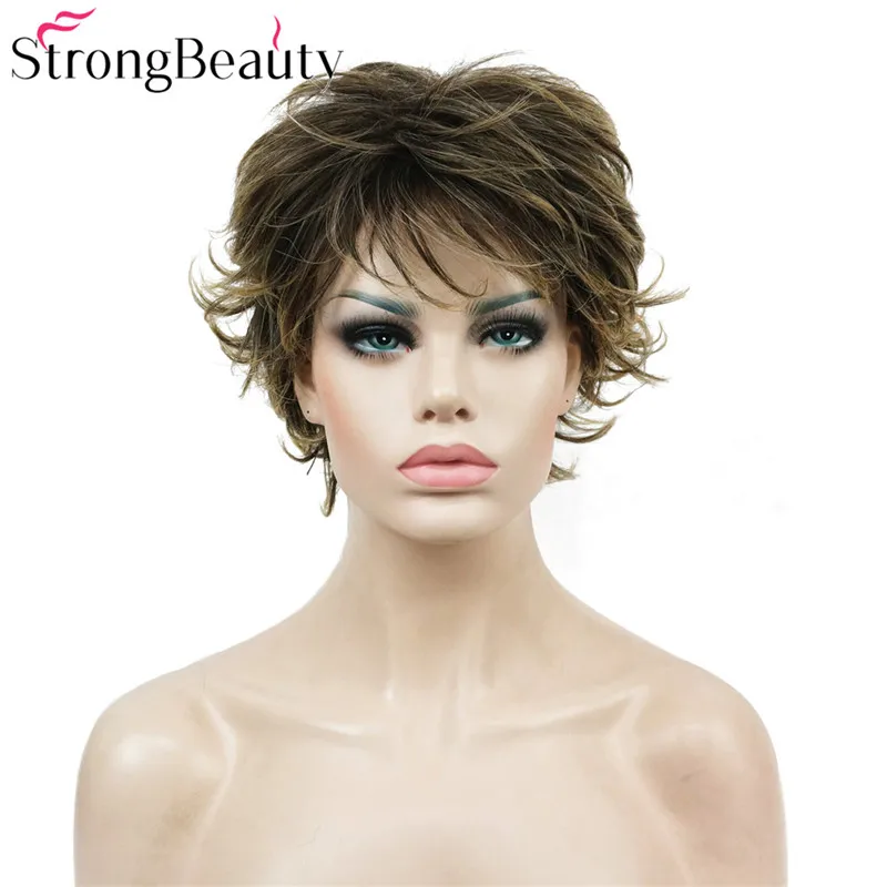 

StrongBeauty Short Straight Synthetic Capless Wig Brown/Blonde Mix Layered Haircut Hair Natural Wigs