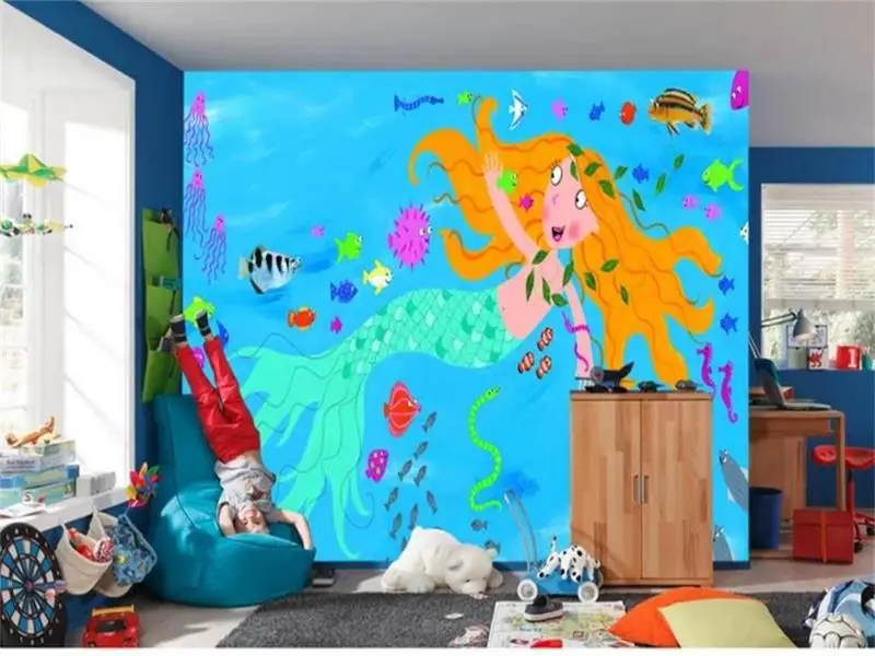 

3d фото обои на заказ детская комната росписи ручная роспись море дно мира Картина с русалкой диван ТВ фон обои для стены 3d