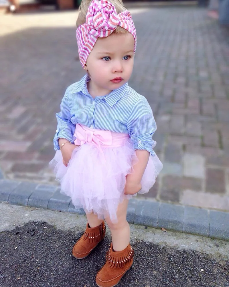2pcs Kids Baby Girls Clothing Sets Long sleeves T-shirt Top Striped Lace Tutu Skirt Bow Children Summer Clothes Dress | Детская одежда