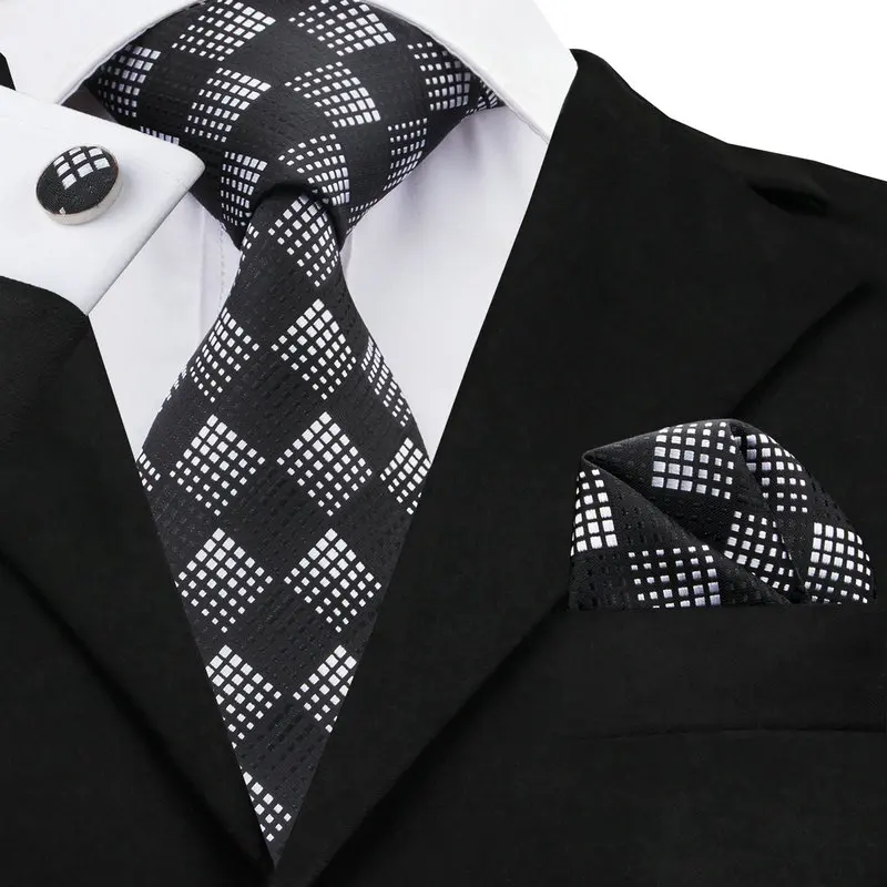 

2016 Модный черный и серебристый галстук в клетку + платок + запонки 100% шелк жаккардовые галстуки для мужчин строгий деловой свадебный аксессу...