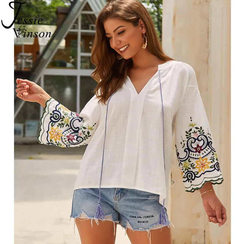 Jessie Vinson Three Quarter Sleeve V Neck Embroidery Tassels White Blouse Women Plus Size Loose Casual Tops and Blouses Female
Jessie Vinson Three Quarter Sleeve V Neck Embroidery Tassels White Blouse Women Plus Size Loose Casual Tops and Blouses Female