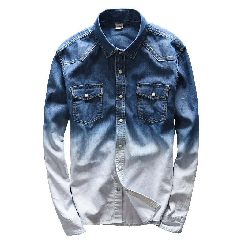 Fashion Blue Gradient Denim Shirts Men Fitness Clothing College Basic Long Sleeve Shirt Man Hot Contrast Color Camisa Masulina
Fashion Blue Gradient Denim Shirts Men Fitness Clothing College Basic Long Sleeve Shirt Man Hot Contrast Color Camisa Masulina