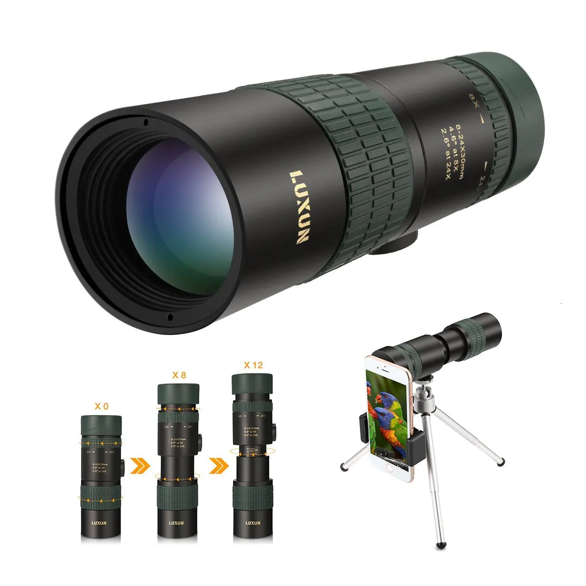 Portable 8-24X30 Telescope Dual Focus Monocular Scopes BAK4 Prism Smartphone Adapter & Tripod for Bird Watching Hunting Hiking
Portable 8-24X30 Telescope Dual Focus Monocular Scopes BAK4 Prism Smartphone Adapter & Tripod for Bird Watching Hunting Hiking