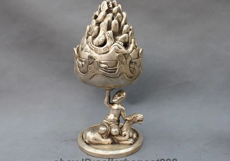 12 Tibet White Copper Silver Dragon Kylin beast Arhat Up Incense Burner Censer
12 Tibet White Copper Silver Dragon Kylin beast Arhat Up Incense Burner Censer