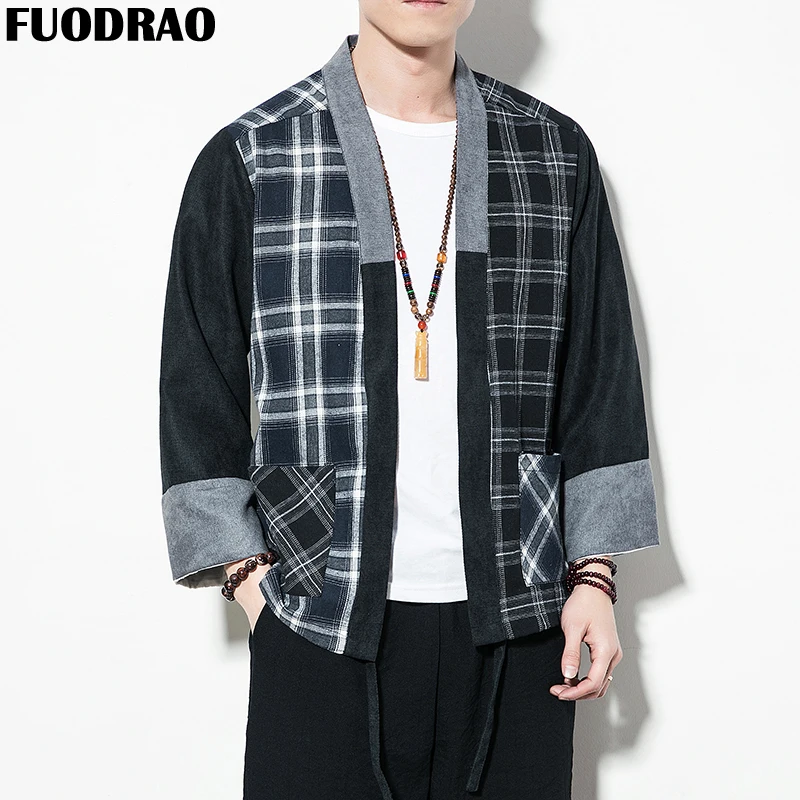 Мужская куртка кимоно FUODRAO кардиган в китайском стиле ветровка Харадзюку 5XL