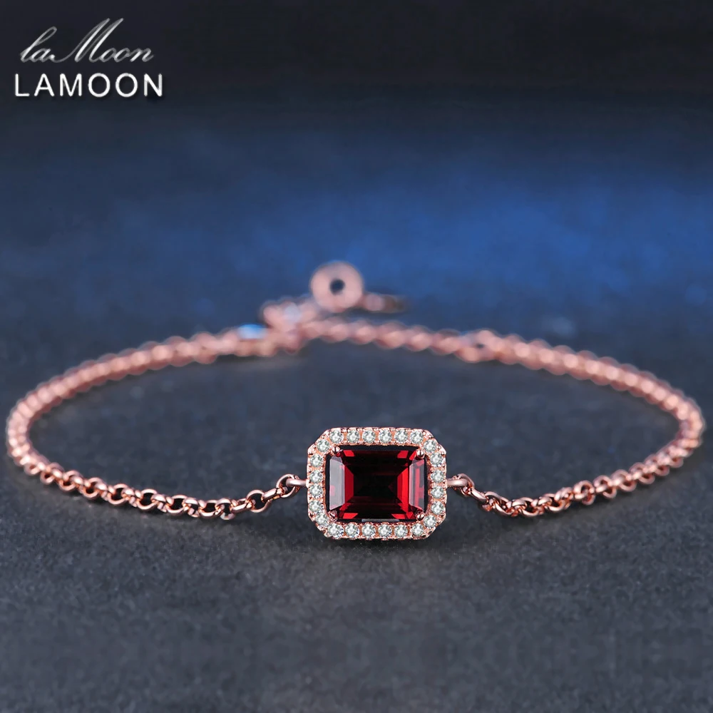 LAMOON- 5X7mm 1.1ct Natural Rectangular Red Garnet 925 Sterling Silver Jewelry Chain Charm Bracelet S925 LMHI001 | Украшения и