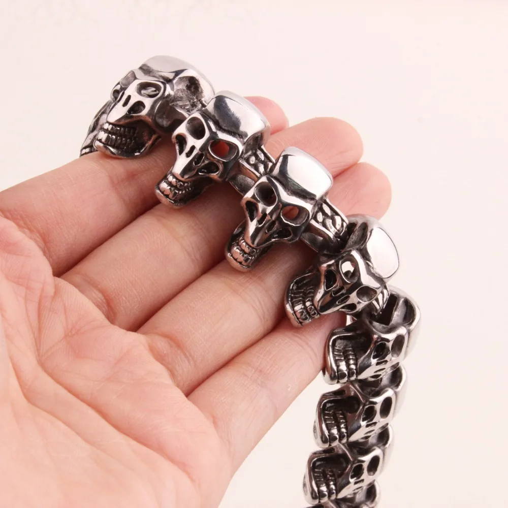 

134G Hip-Hop Stainless Steel Silver Color Punk Skeleton Skull Head Biker Jewelry Cuff Bangle Men's Bracelet Wristband 8.66"*25mm