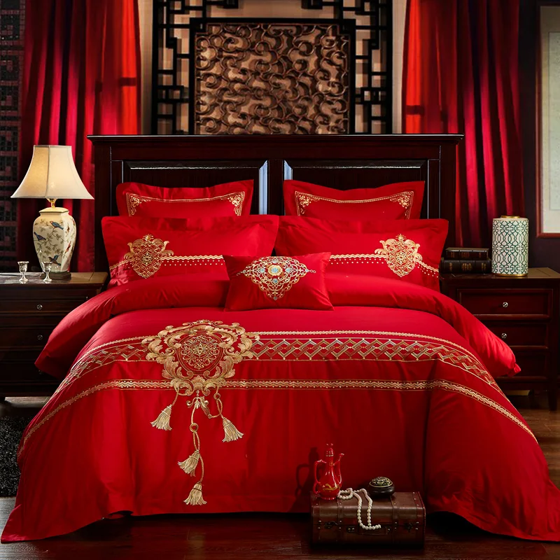

100% хлопок китайский классицизм роскошный свадебный комплект постельного белья с вышивкой: пододеяльник, простынь, наволочки для подушек, к...