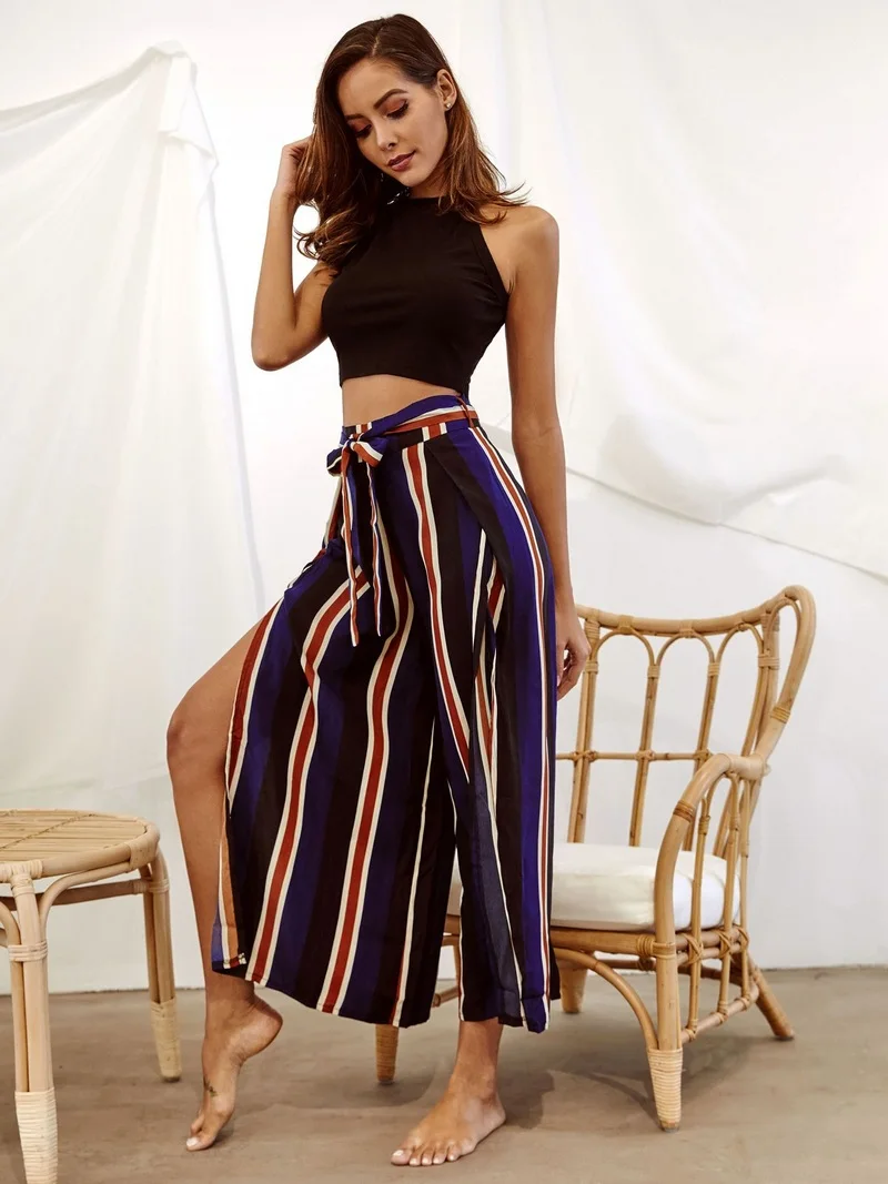 Stripe women's Wide leg pants 2019 leg split Lacing Office Lady pantalon femme sexy girls Autumn Summer Holiday Pants
Stripe women's Wide leg pants 2019 leg split Lacing Office Lady pantalon femme sexy girls Autumn Summer Holiday Pants