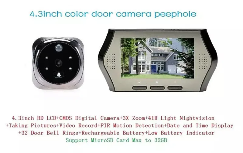 4.3 Inch IR Night Vision Video Door Phone Peephole Viewer Support TF Card Storage
4.3 Inch IR Night Vision Video Door Phone Peephole Viewer Support TF Card Storage