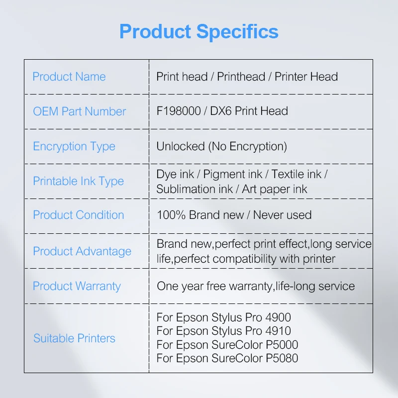 Brand New F198000 F198060 Unlocked Printhead DX6 Solvent Print Head For Epson Stylus Pro 4900 4910 SureColor P5000 P5080 Printer
Brand New F198000 F198060 Unlocked Printhead DX6 Solvent Print Head For Epson Stylus Pro 4900 4910 SureColor P5000 P5080 Printer