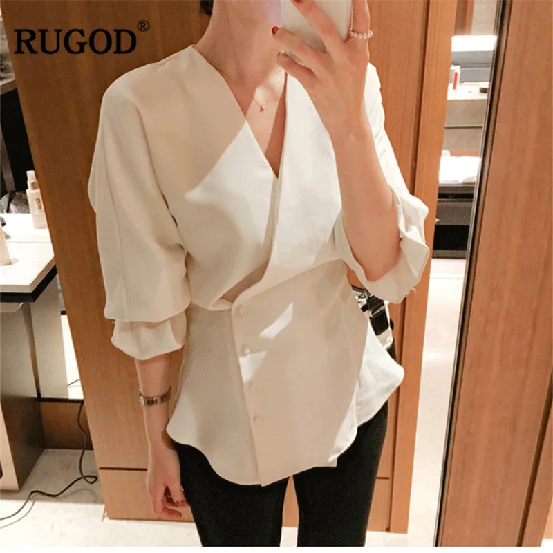 Фото Женская шифоновая блузка RUGOD Elegang белая с оборками и рукавом до локтя v образным