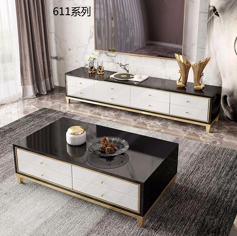 XM611 Tempered glass surface solid wood drawer, 304 stainless steel gold-plated chassis tea coffee table TV stand cabinet sets
XM611 Tempered glass surface solid wood drawer, 304 stainless steel gold-plated chassis tea coffee table TV stand cabinet sets