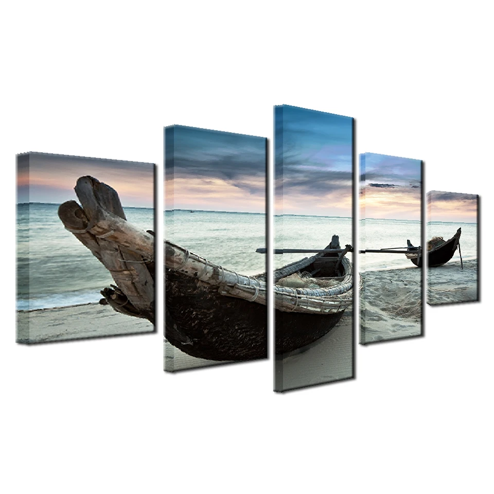Canvas Paintings Wall Art HD Prints Pictures Home Decor 5 Pieces Beach Landscape Boat Seascape Posters For Living Room Framework | Дом и сад