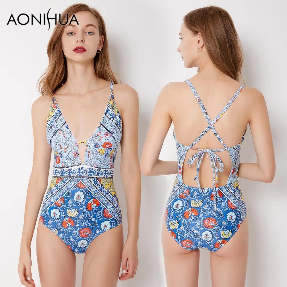 AONIHUA Back Bandaged Swimsuit Women One-piece Swim Wear Blue Print Floral Sleeveless High cut Beach Bathing Suits Swimwear 9046
AONIHUA Back Bandaged Swimsuit Women One-piece Swim Wear Blue Print Floral Sleeveless High cut Beach Bathing Suits Swimwear 9046
