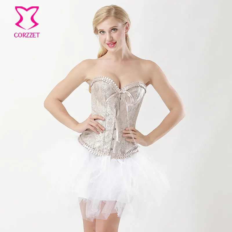 Beige Paisley Brocade Bridal Wedding Strapless Bustier Dress Women Sexy Corset Skirt Gothic Burlesque Dresses Corselete Feminino
Beige Paisley Brocade Bridal Wedding Strapless Bustier Dress Women Sexy Corset Skirt Gothic Burlesque Dresses Corselete Feminino