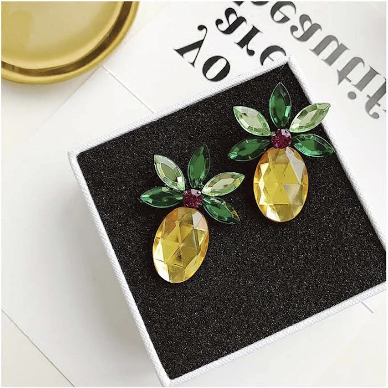2017 New Korean fashion Personality Rhinestone Green Leaf Pineapple Shape Big Earrings Boucle D'oreille Pendante Femme For Women |