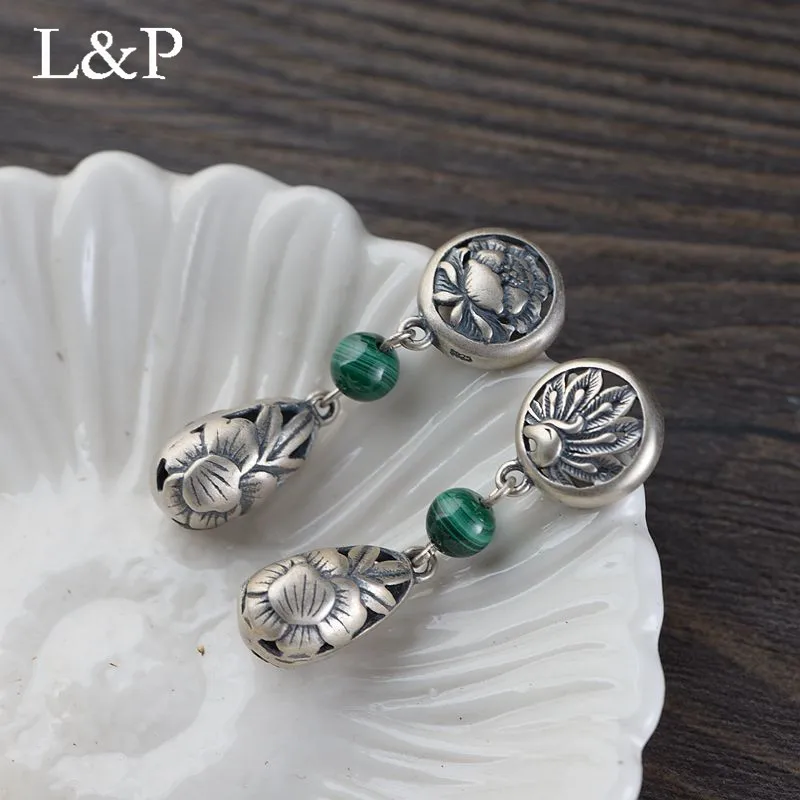 L & P, Изящные Ювелирные изделия, длинные висячие серьги, винтажные, с натуральным малахитом, женские, серебряные, ручной работы, полые серьги
L & P, Изящные Ювелирные изделия, длинные висячие серьги, винтажные, с натуральным малахитом, женские, серебряные, ручной работы, полые серьги