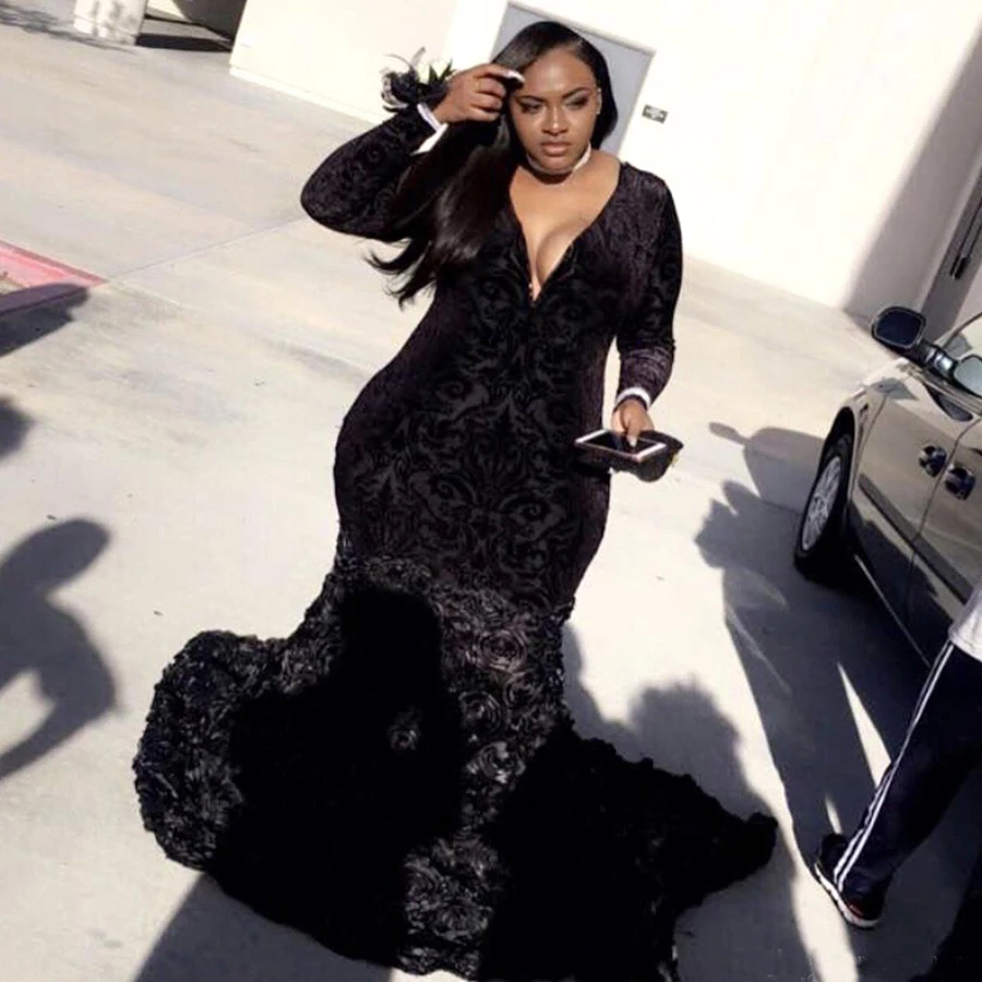 Plus Size African Black Girls Mermaid Prom Dresses 2018 Black Lace Long Sleeves Handmade Flowers Evening Party Gowns
Plus Size African Black Girls Mermaid Prom Dresses 2018 Black Lace Long Sleeves Handmade Flowers Evening Party Gowns