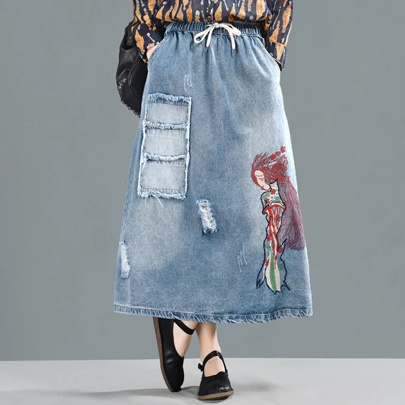 New Denim Casual Skirts Female Fashion Embroidery Cartoon Elastic Waist Drawstring Womens Clothing Skirts Plus Size Blue Skirts
New Denim Casual Skirts Female Fashion Embroidery Cartoon Elastic Waist Drawstring Womens Clothing Skirts Plus Size Blue Skirts