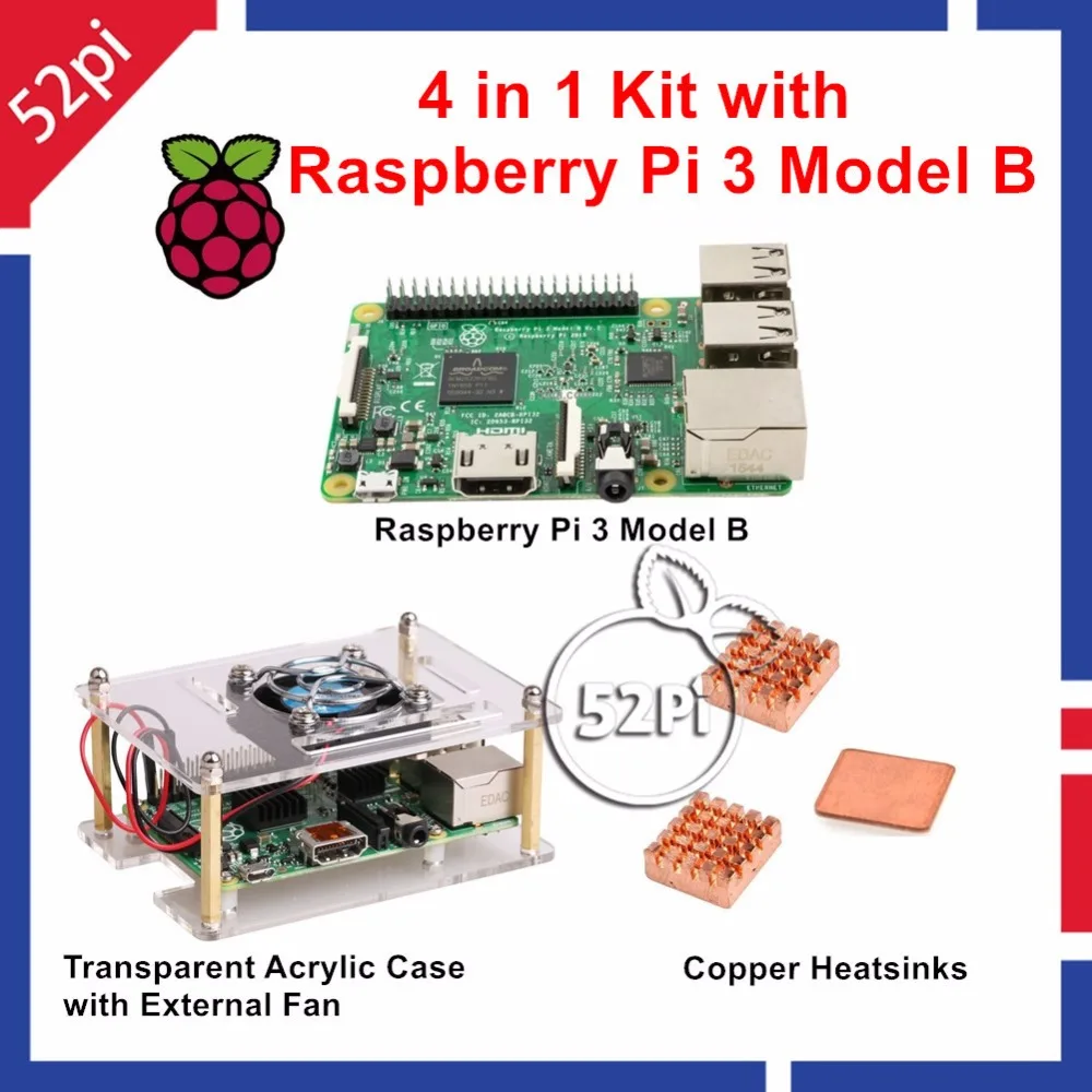 4 in 1 Kit With Raspberry Pi 3 Model B + Transparent Acrylic Case Enclosure With External Cooling Fan + Copper Heatsinks
4 in 1 Kit With Raspberry Pi 3 Model B + Transparent Acrylic Case Enclosure With External Cooling Fan + Copper Heatsinks