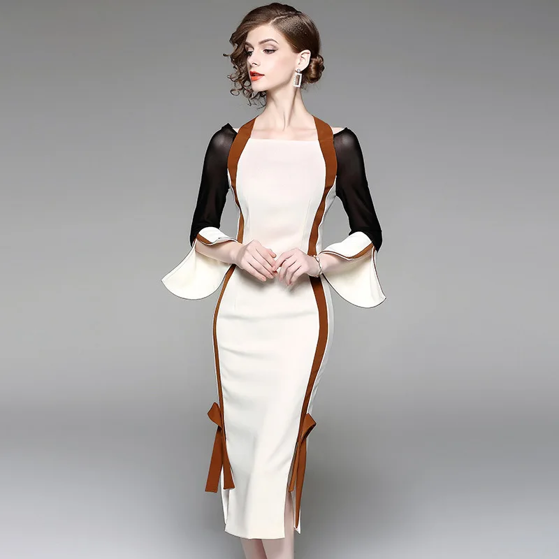 Elegant Dress Long Vintage Horn Sleeve Slash Neck Slim Bodycon Pencil Dress Woman Mesh Stitching Party Trumpet Dress Okb528
Elegant Dress Long Vintage Horn Sleeve Slash Neck Slim Bodycon Pencil Dress Woman Mesh Stitching Party Trumpet Dress Okb528