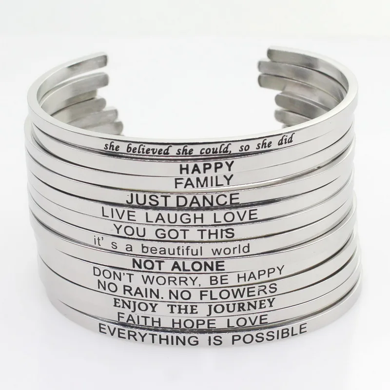 Silver Stainless Steel Bangle Engraved Positive Inspirational Quote Hand Stamped Cuff Mantra Bracelets For Men Women
Silver Stainless Steel Bangle Engraved Positive Inspirational Quote Hand Stamped Cuff Mantra Bracelets For Men Women