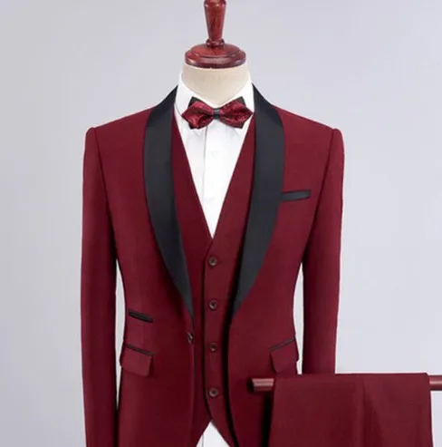 

2020 Black Satin Shawl Lapel Burgundy Wedding Men Suits Slim Fit Jacket Pants Vest Man Blazer Groom Tuxedos Terno Masculino